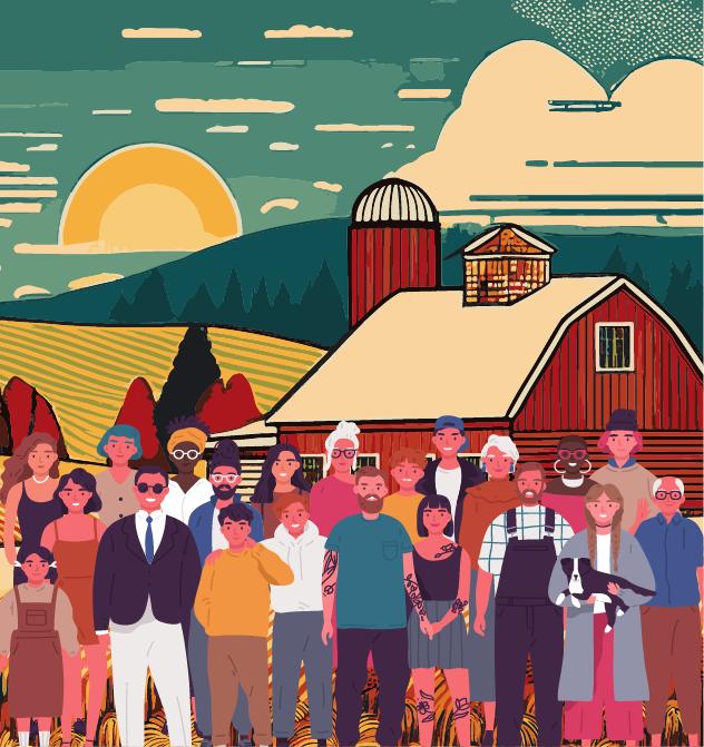 Illustration of a diverse group of people standing together on a farm.