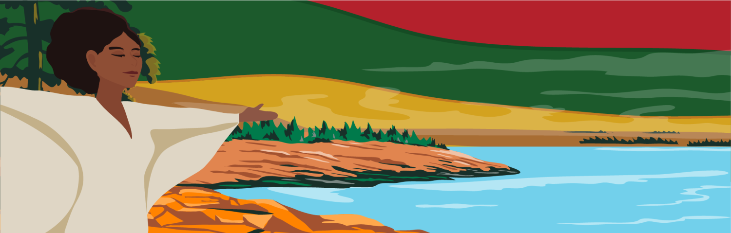 A Black woman in white stands with open arms and eyes closed on a rocky Maine shore, under a sky in Pan-African red, green, and gold.