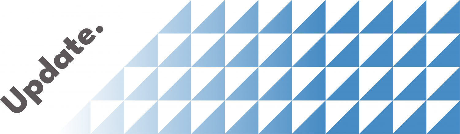 Banner with geometric pattern. Text reads "Update."