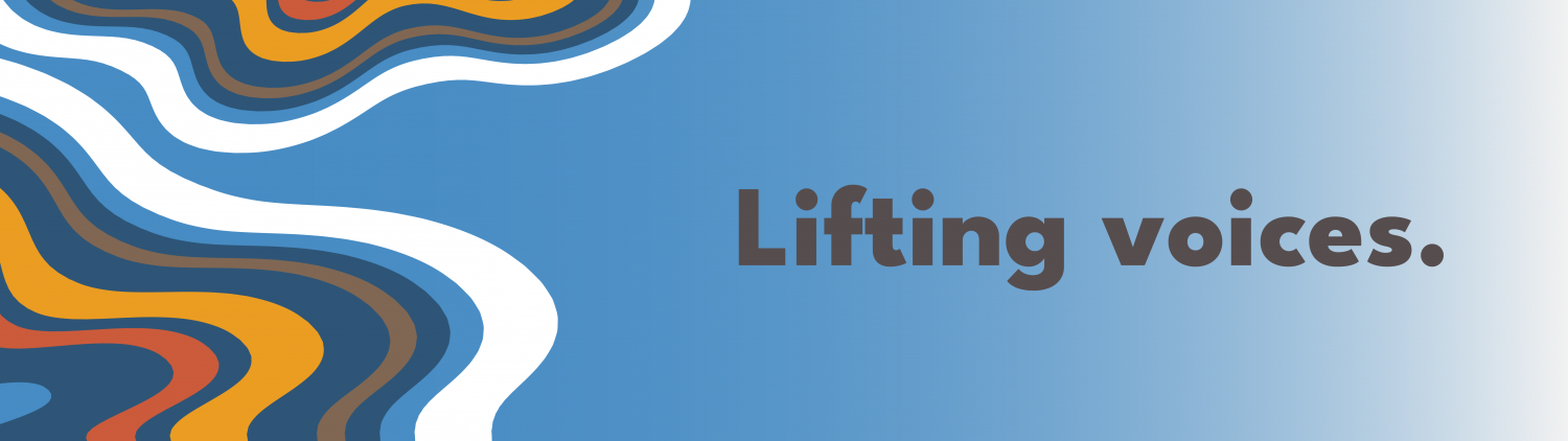 Banner with abstract water graphic. Text reads: "Lifting voices."