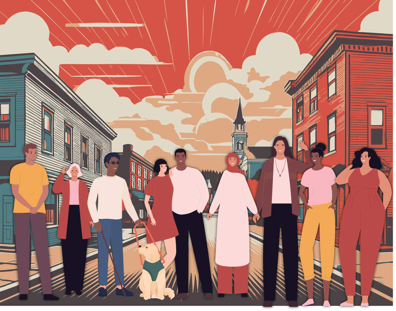 Illustration of a diverse group of people standing together in a downtown neighborhood.