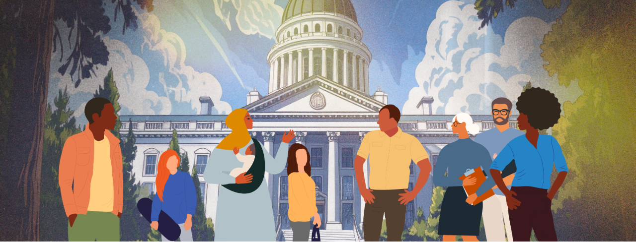 Illustrated scene of a diverse group of people with the Maine State House in the background