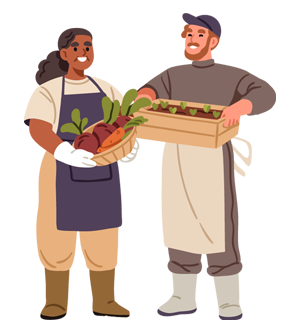 Illustration of farmers holding produce and smiling