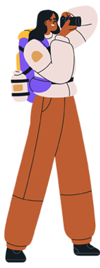 An illustration of a young woman wearing a backpack and taking a photo