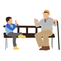 illustration of an elder man and young boy talking on a park bench