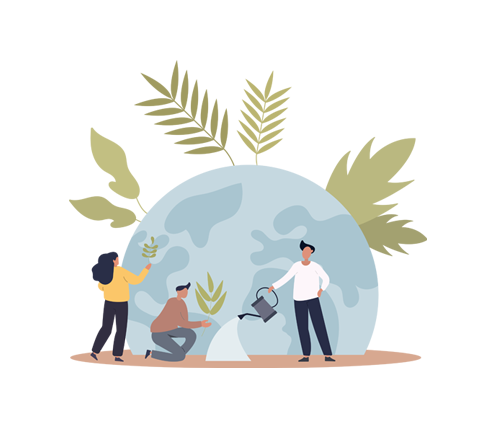 Illustration of a group of people planting trees and watering the ground in front of a globe as a representation of the earth.